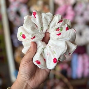 White Cherry Print Hair Scrunchie